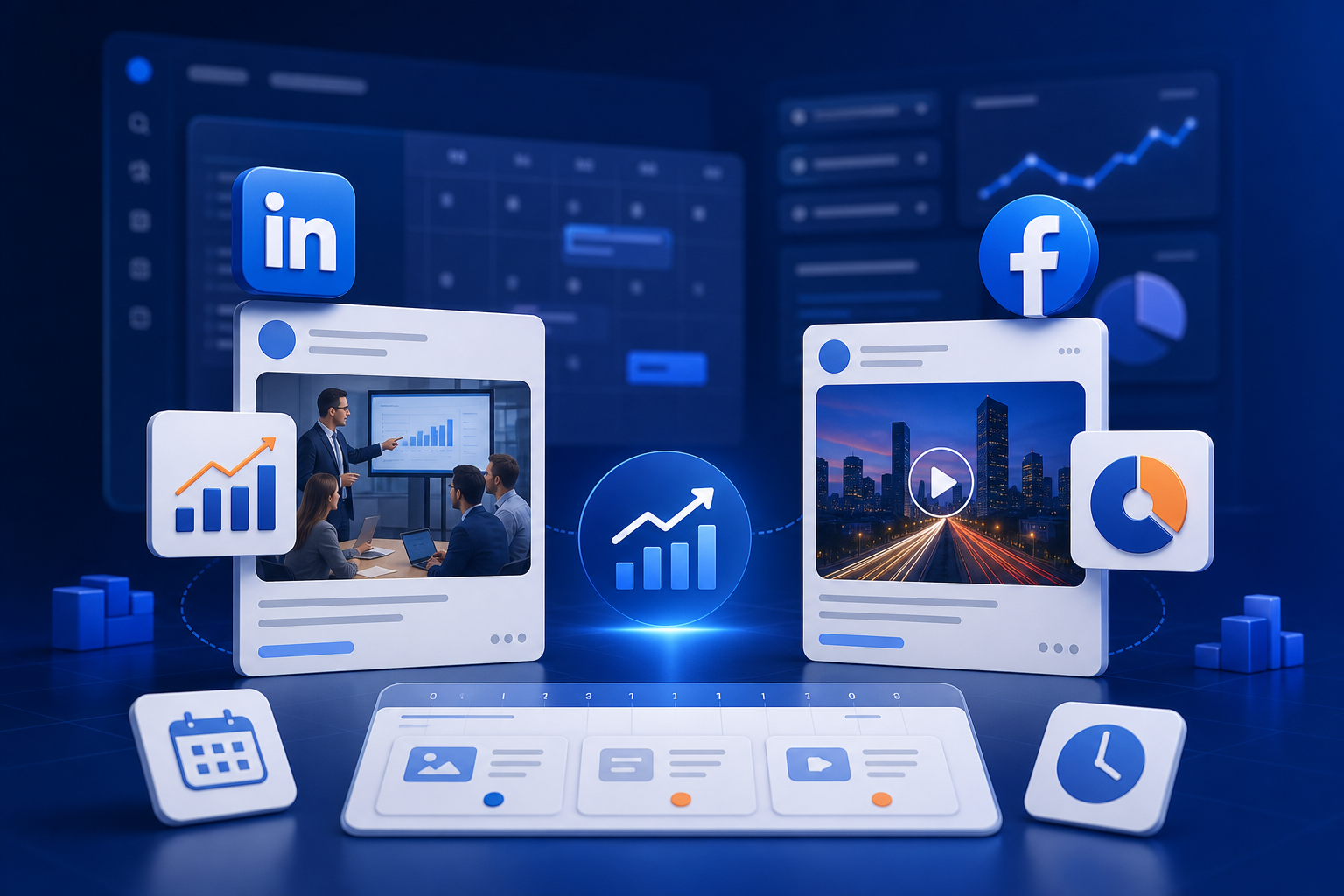 Comparativa visual de formatos en LinkedIn y Facebook para campañas B2B, mostrando imágenes, vídeo y carrusel