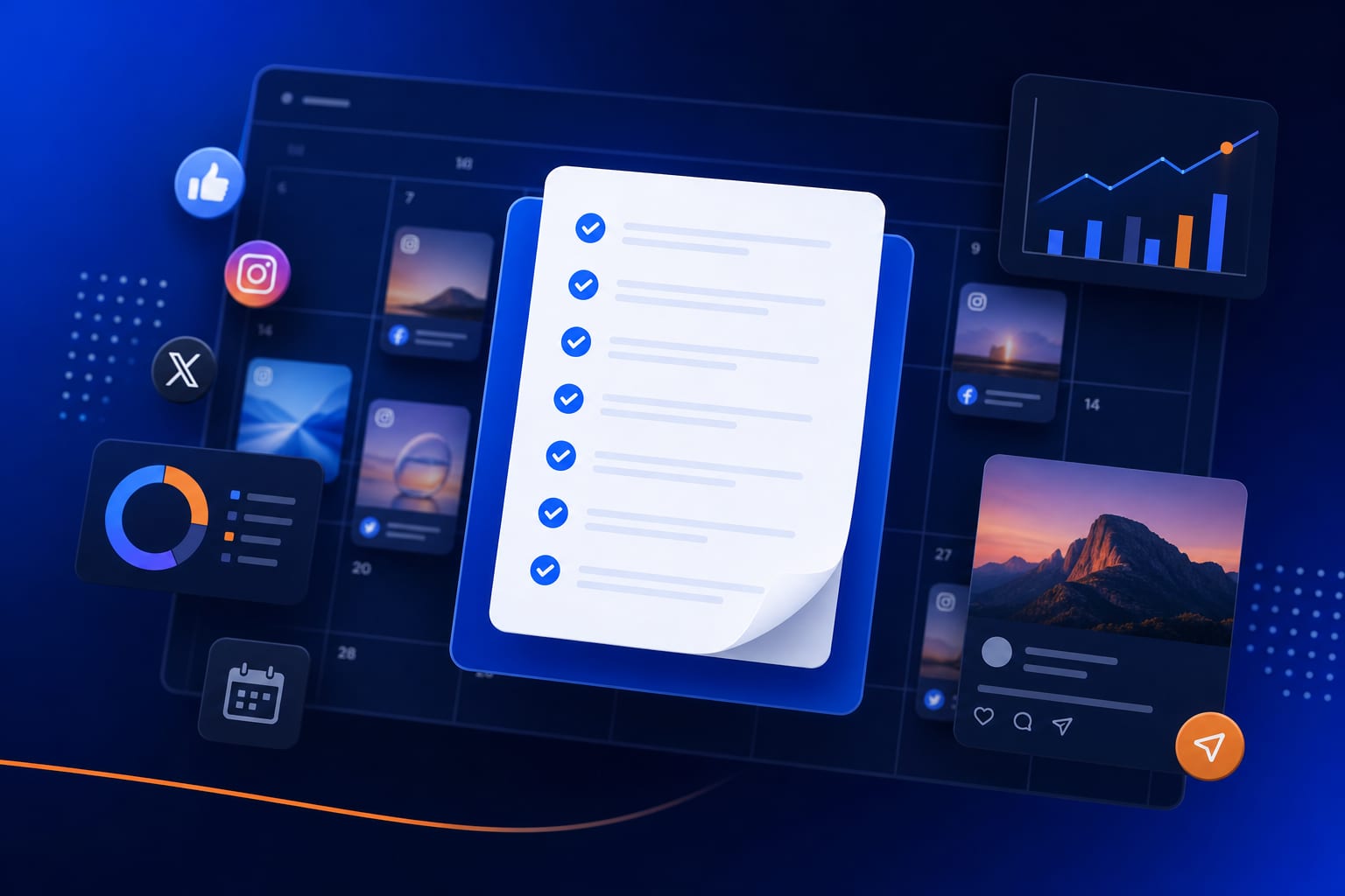 Checklist pre-publicación sobre escritorio con smartphone y iconos de redes sociales