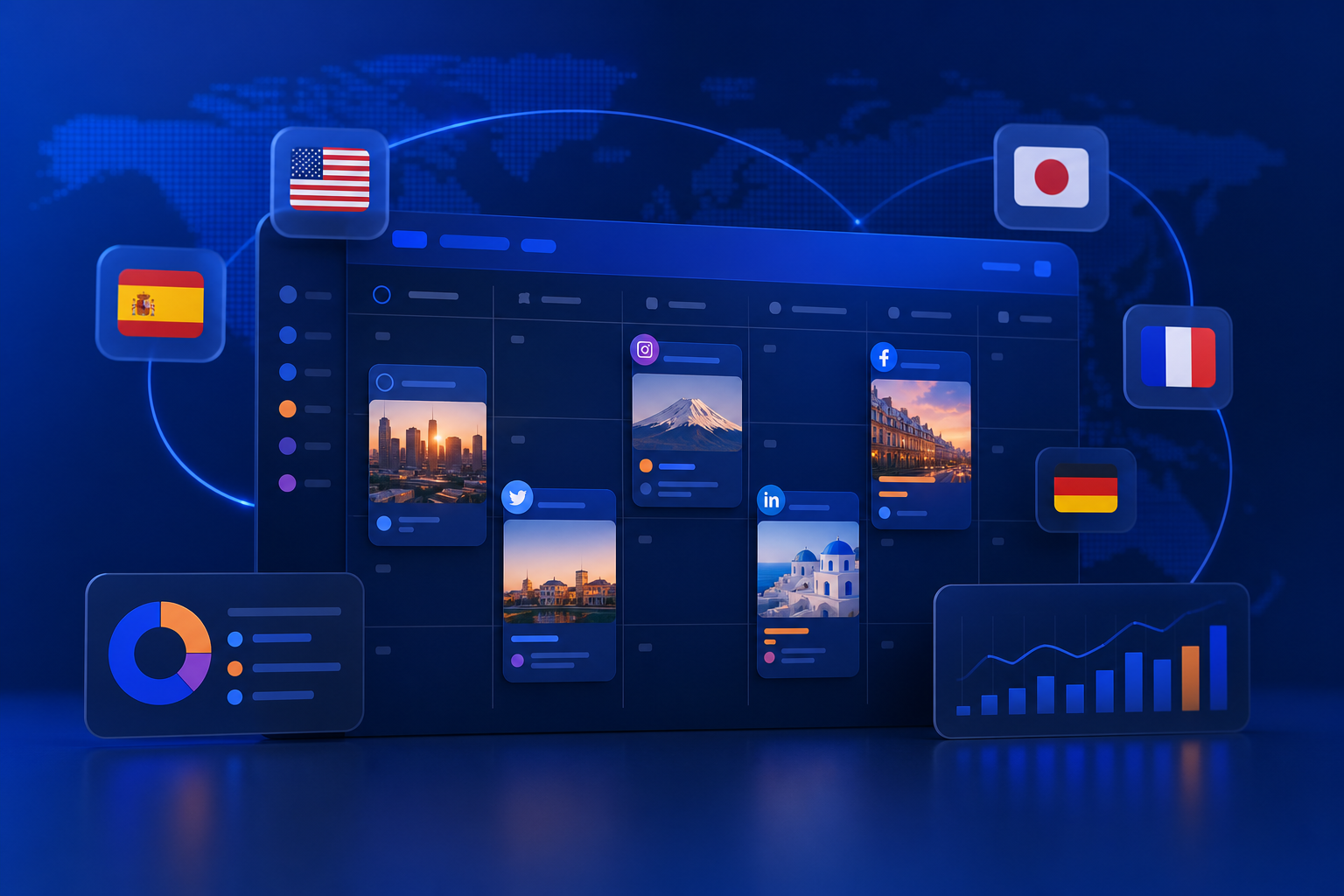 Equipo internacional planificando un calendario de contenidos multilingüe en una pantalla compartida