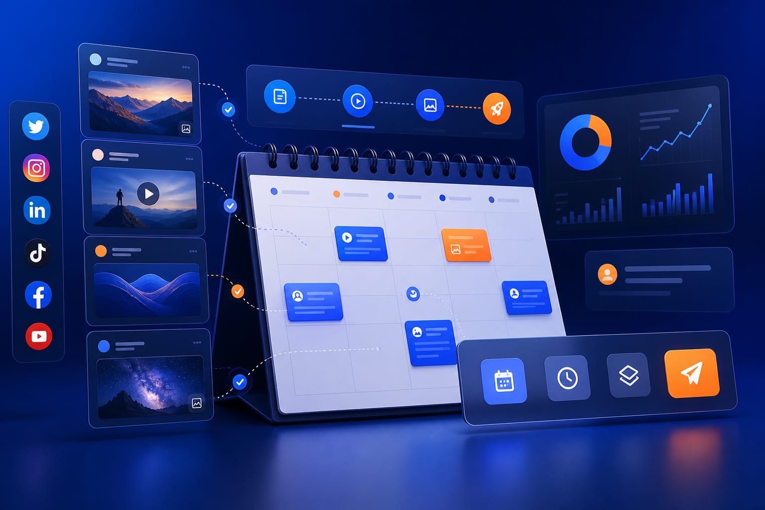 Persona planificando una serie formativa en redes sociales con calendario de contenidos y publicaciones programadas