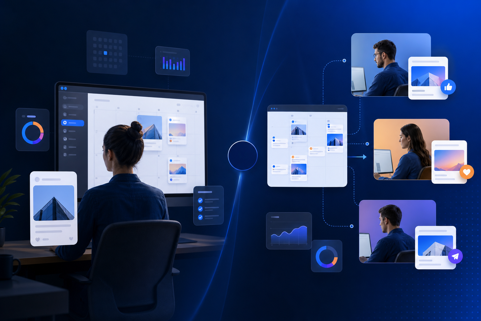 Comparativa workflow community manager único vs equipo por canal: calendario editorial y pantallas con gestión de redes