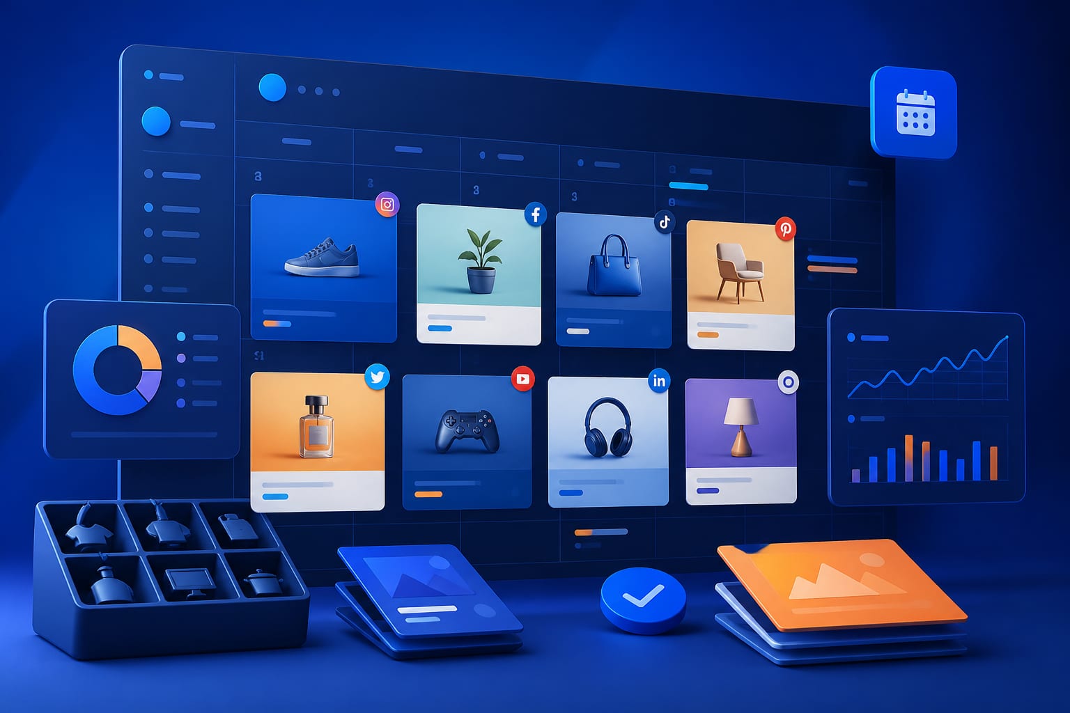 Calendario de contenidos para ecommerce con muchas categorías organizado en una pantalla con publicaciones programadas