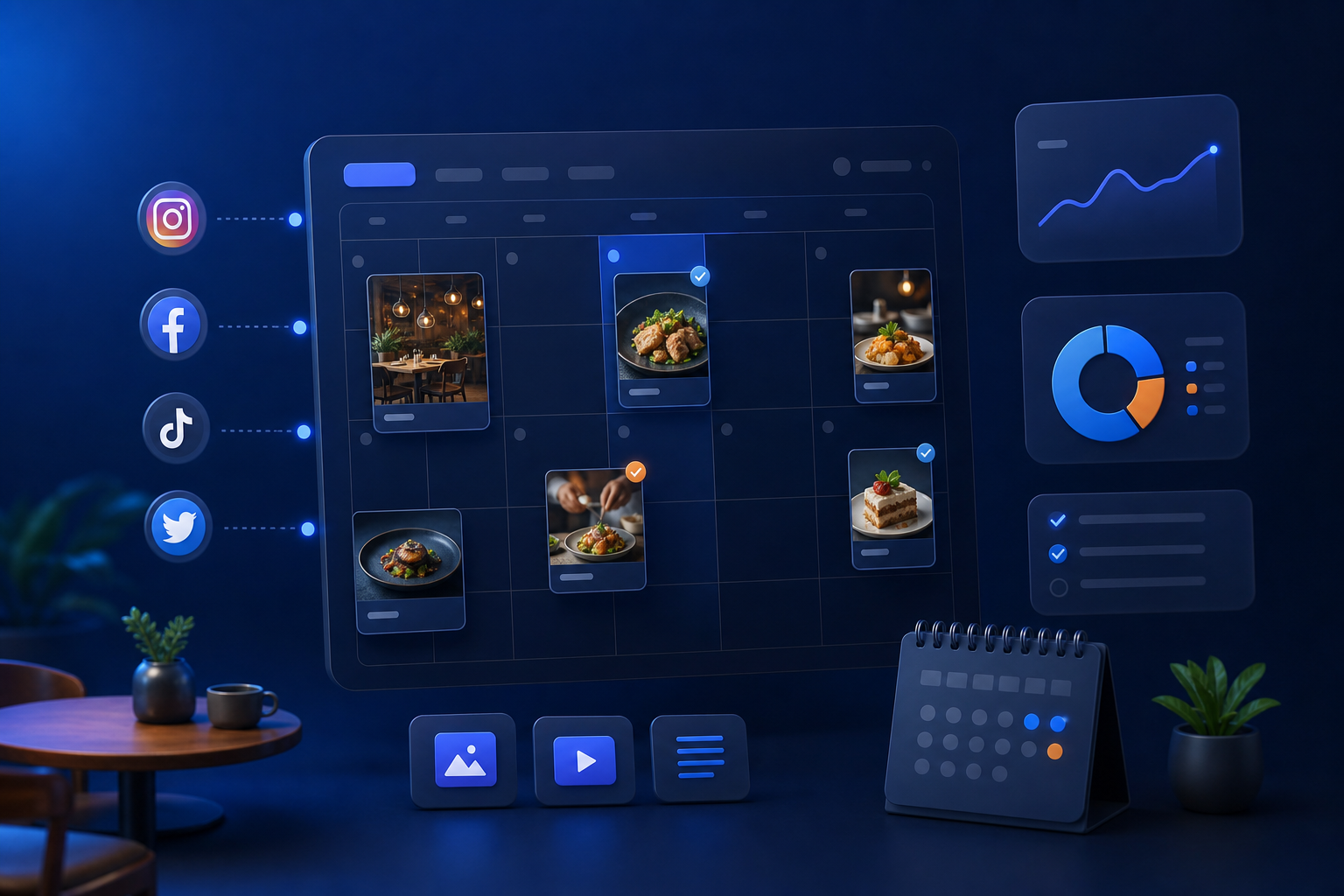 Mesa con portátil y smartphone mostrando un calendario de publicaciones para redes sociales de un restaurante mientras el equipo toma notas