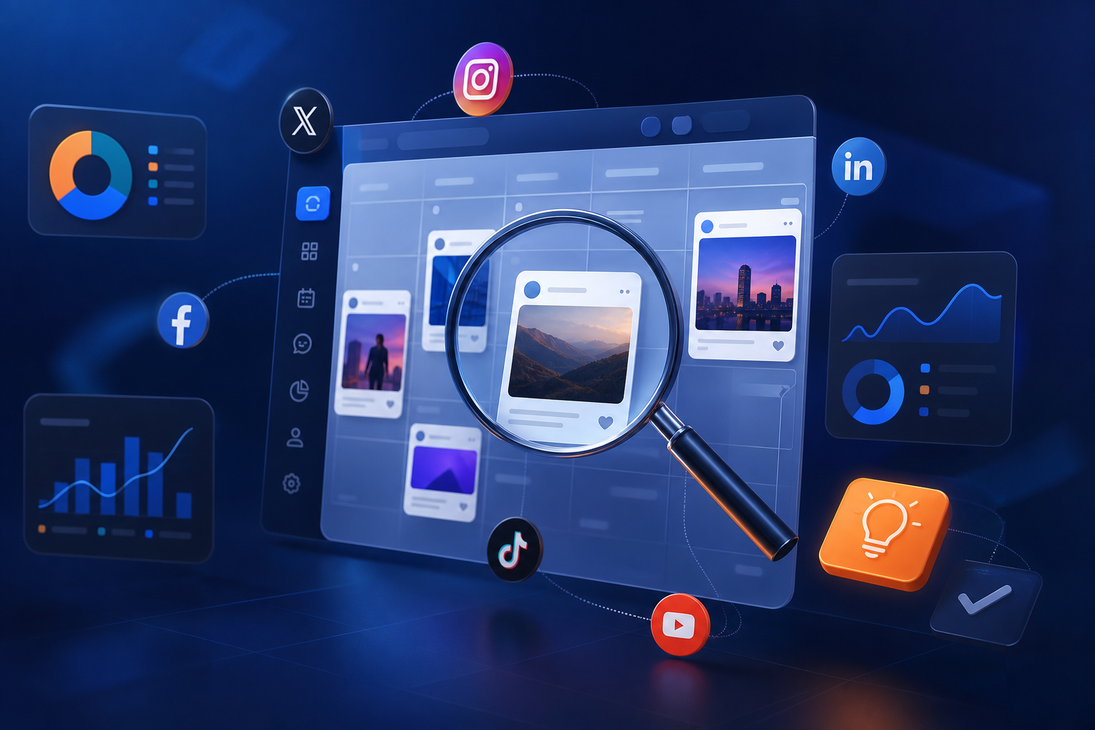 Persona analizando métricas en una pantalla con logos de redes sociales y un checklist de auditoría sobre la mesa