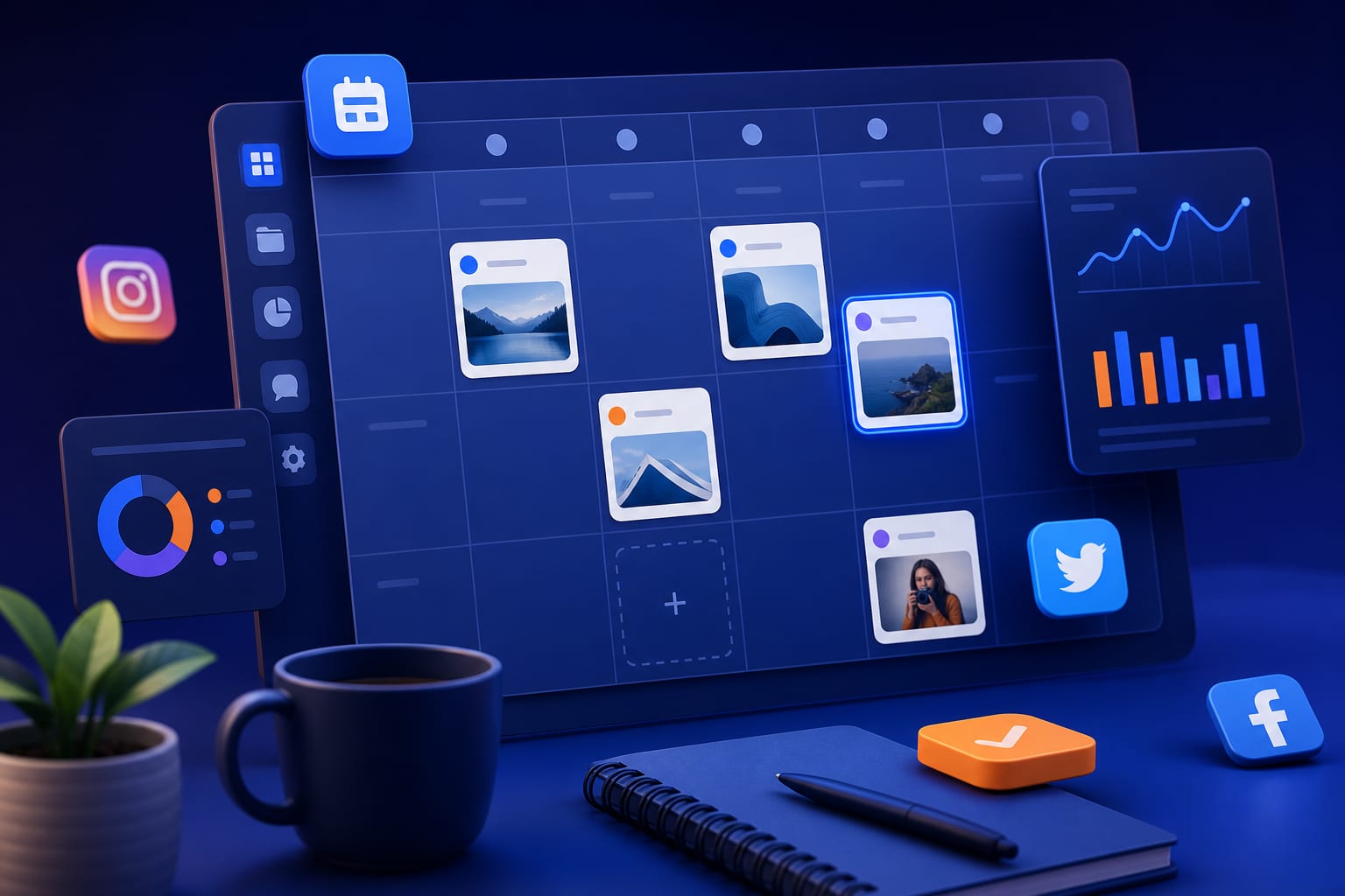 Pantalla con un calendario de contenidos digital, notas, imágenes y iconos de Instagram, X, LinkedIn y Facebook