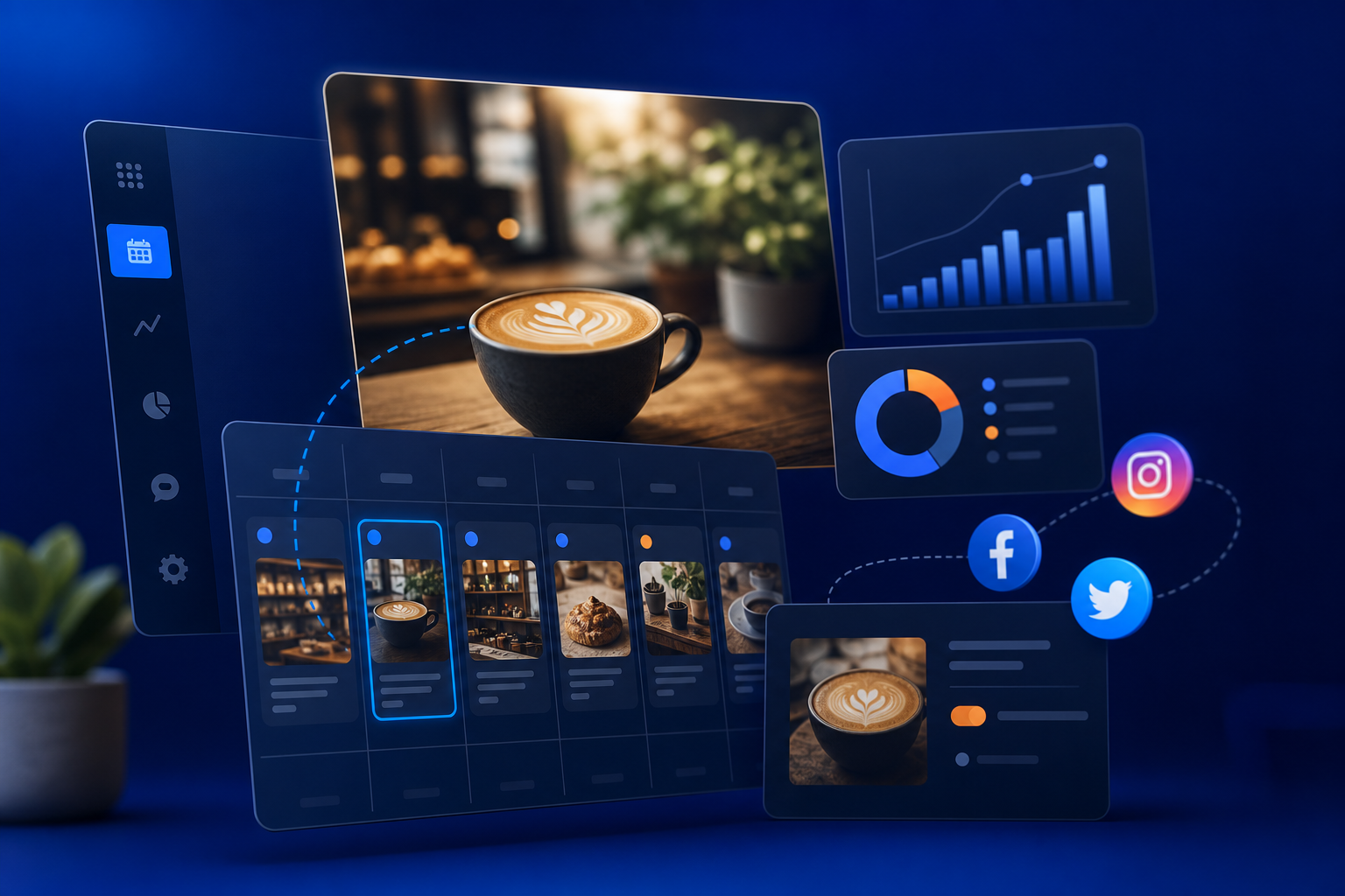 Propietario de una cafetería revisando un calendario de publicaciones en el portátil con plantillas de marca en la pantalla