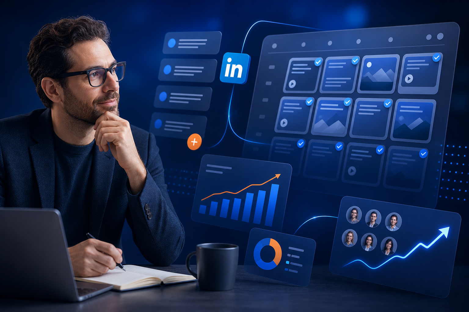 Consultor B2B revisando calendario y métricas de una serie de publicaciones para LinkedIn en un portátil