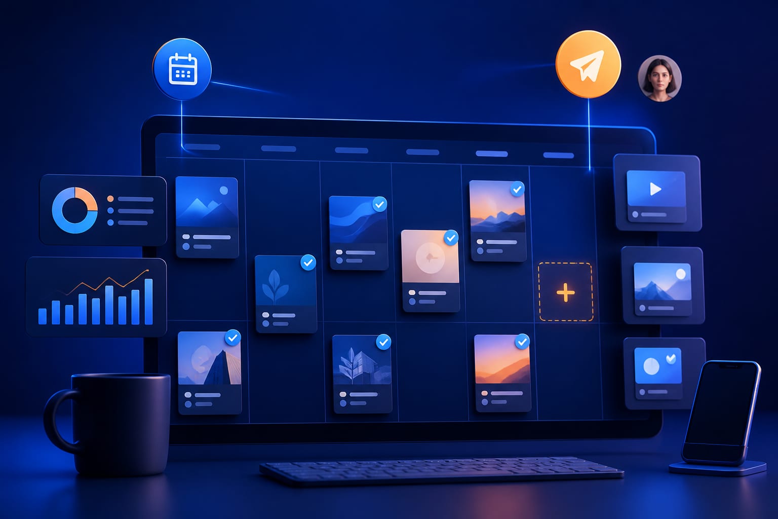 Equipo revisando un calendario mensual de contenidos para redes sociales en una pantalla