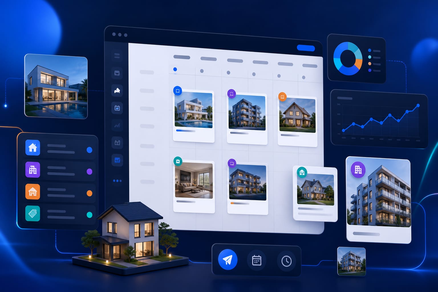 Equipo de una inmobiliaria organizando un calendario de contenidos para redes sociales por tipo de inmueble y objetivo