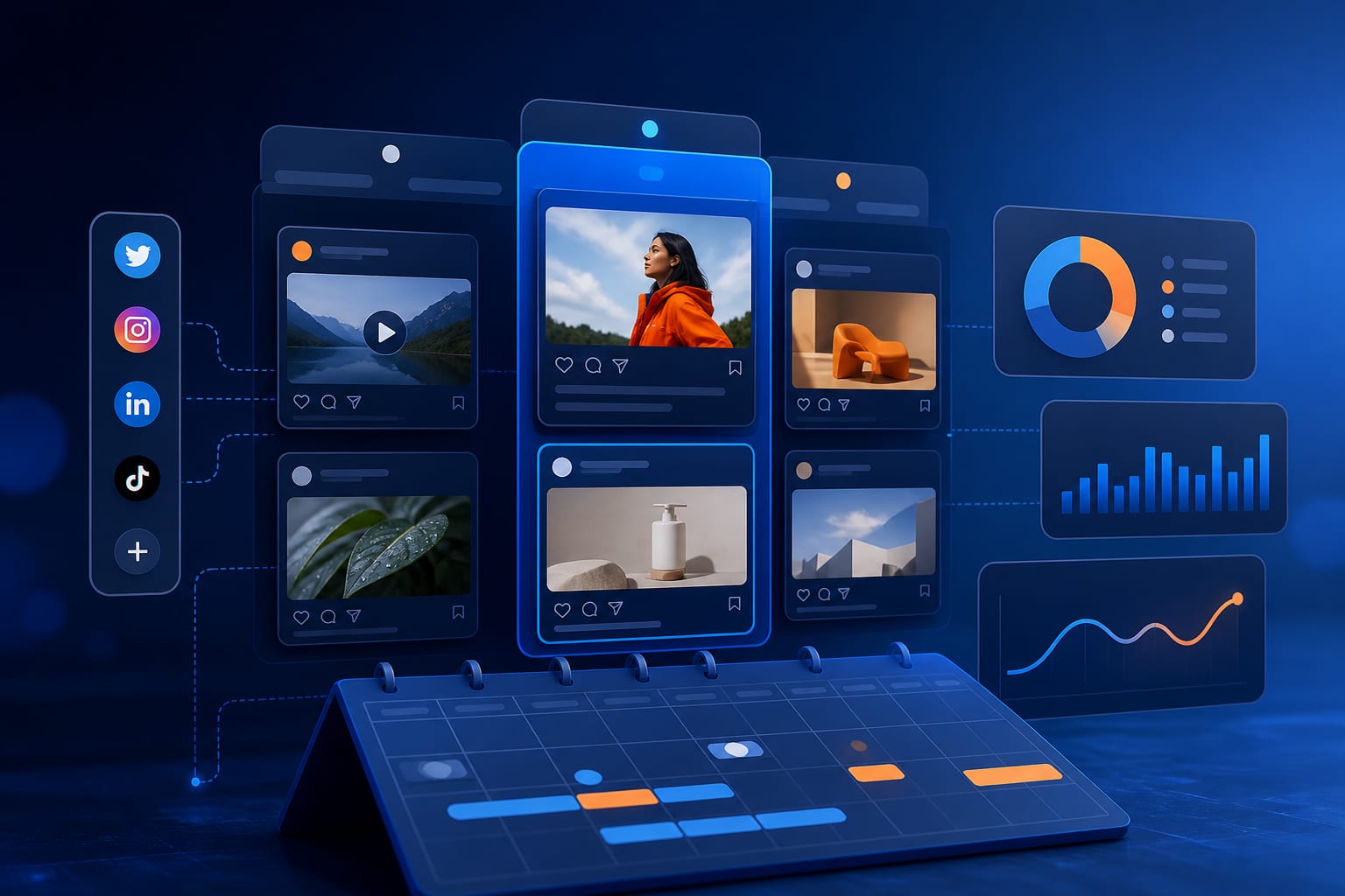 Equipo de marketing planificando contenidos por campañas en un calendario editorial con redes sociales