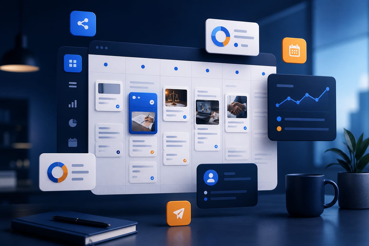 Calendario mensual de contenidos para una asesoría pequeña con publicaciones organizadas en un panel digital