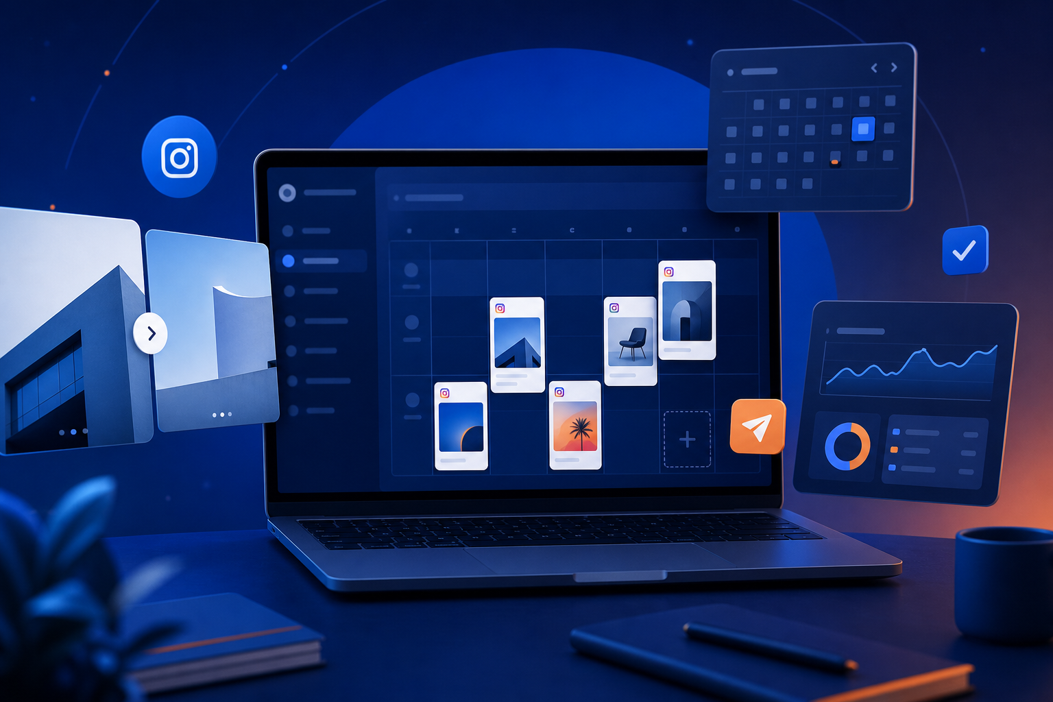 Community manager programando un carrusel de Instagram desde el ordenador con vista previa del calendario