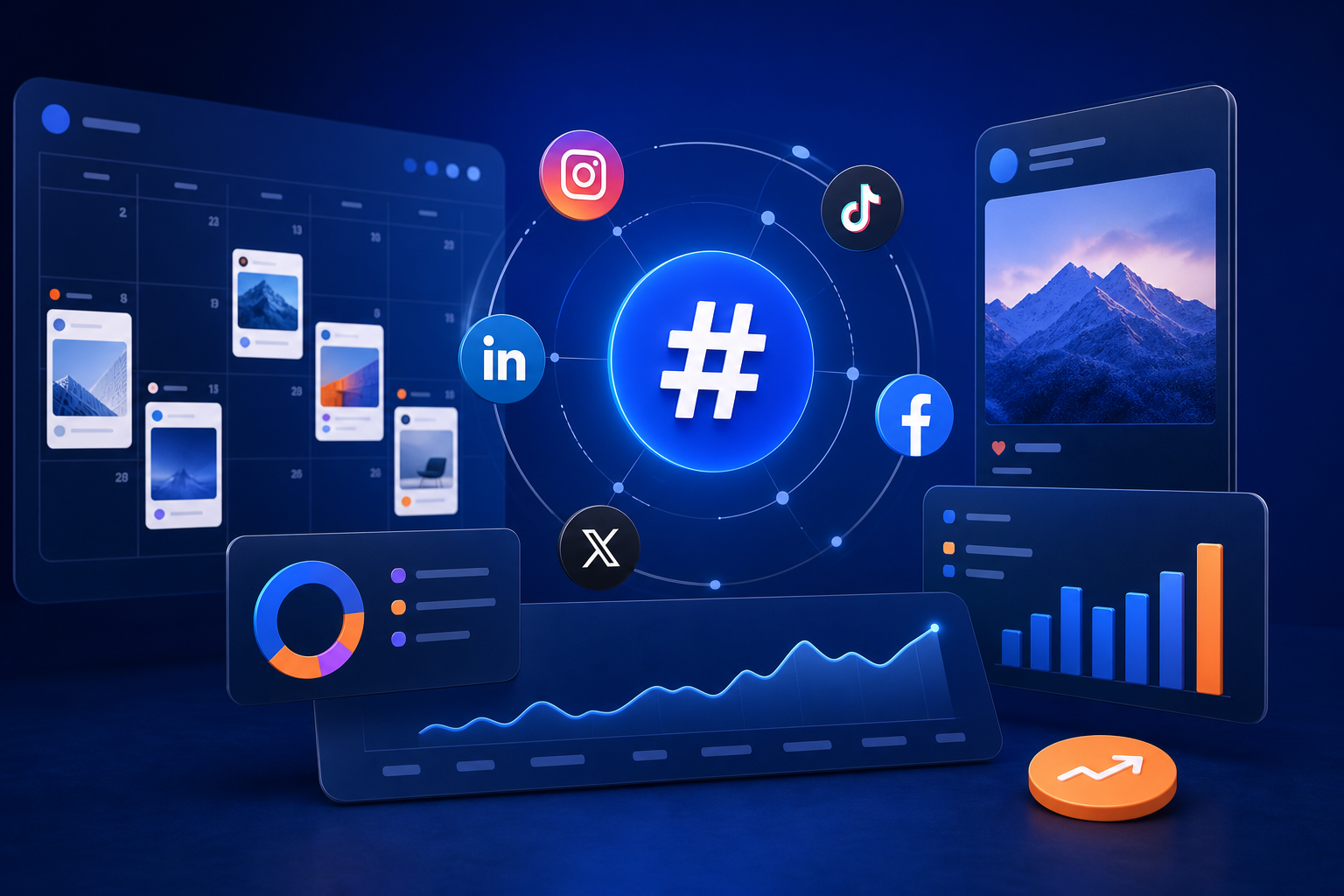Persona analizando métricas de redes sociales y lista de hashtags en un ordenador