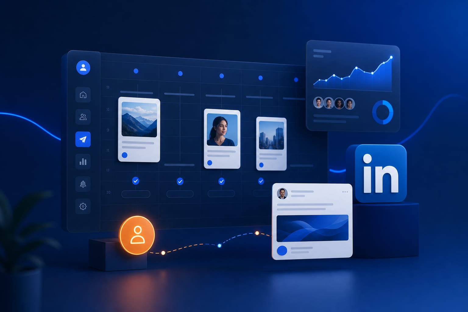 Persona planificando una secuencia de publicaciones en LinkedIn en un calendario digital con herramientas de programación como ZettaPost